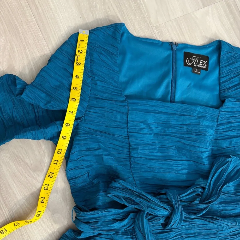 Alex Evenings Top Womens Teal Blue Textured Tie Waist Square Neck Blouse Top L - Picture 10 of 14